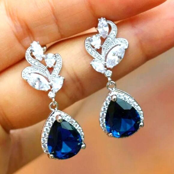 Blue Sapphire Dangle Earrings Jewelry - New Womens Blue Sapphire & White Diamond Drop Stud Earrings 925 Sterling Silver